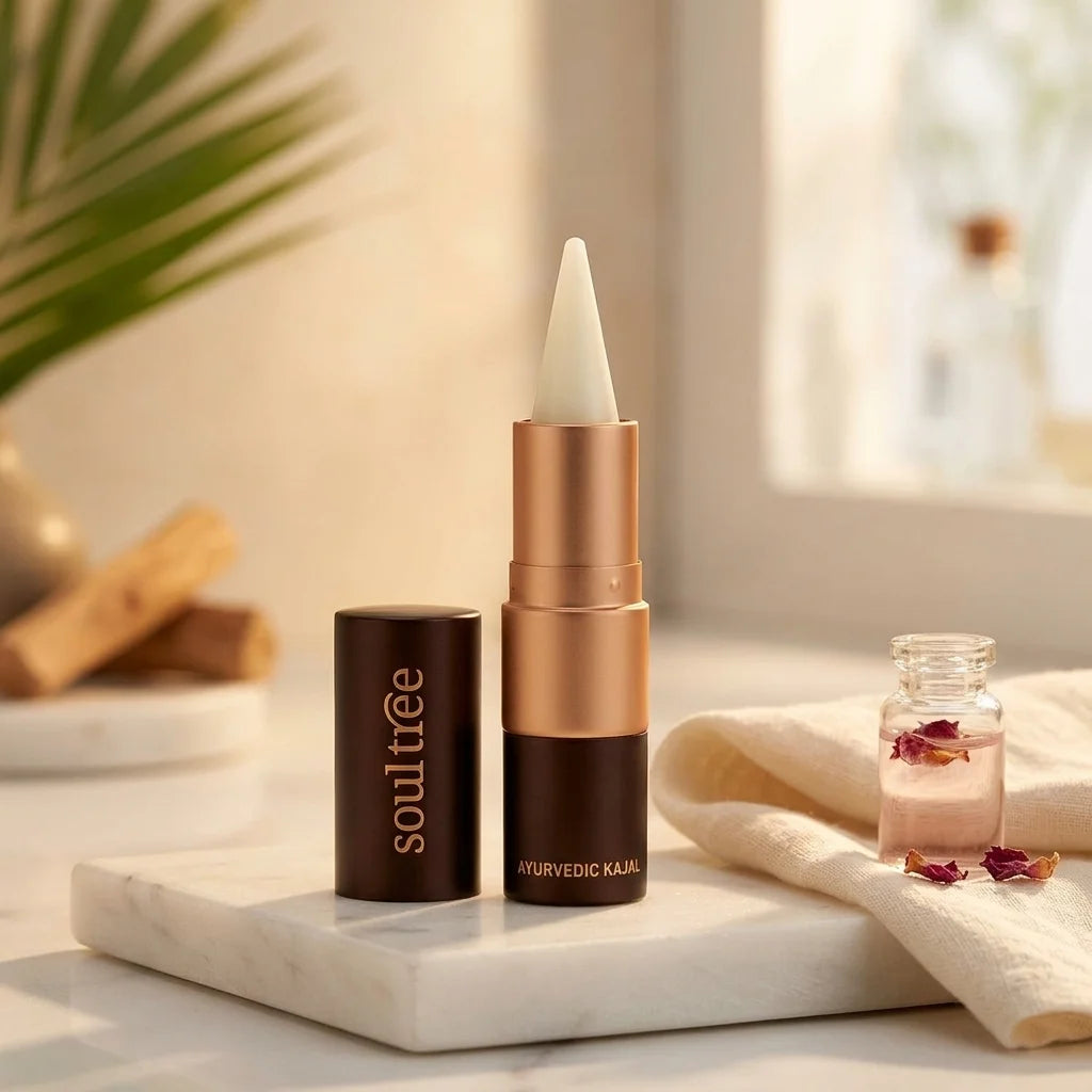 Kajal Incolore Soultree 101 sur marbre avec accessoires beauté ayurvédique