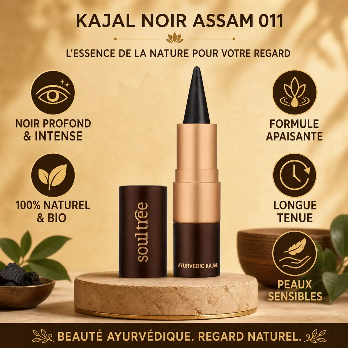 Kajal Noir Assam 011 Soultree naturel bio avec bénéfices affichés packaging luxe fond doré