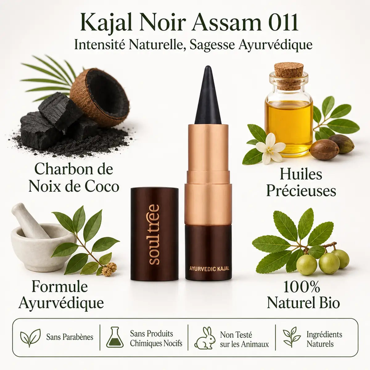 Kajal Noir Assam 011 Soultree avec ingrédients naturels et formule ayurvédique bio