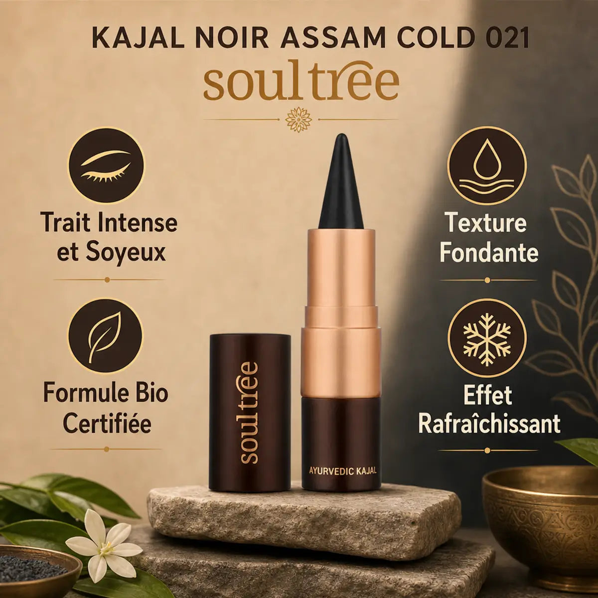Kajal Noir Assam Cold 021 Soultree - Trait intense, formule bio certifiée, texture fondante