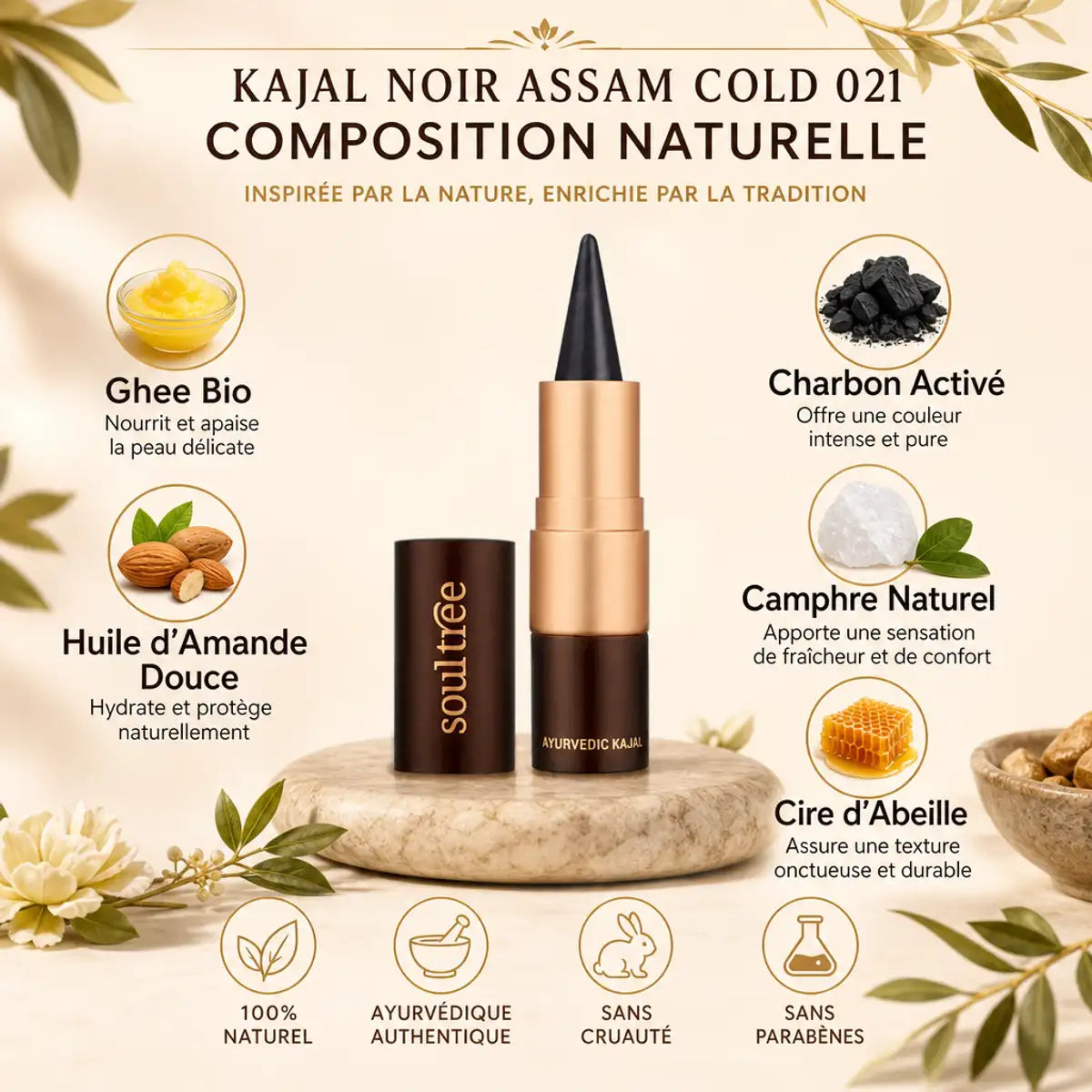 Kajal Noir Assam Cold 021 Soultree avec ingrédients naturels : ghee, amande, charbon activé