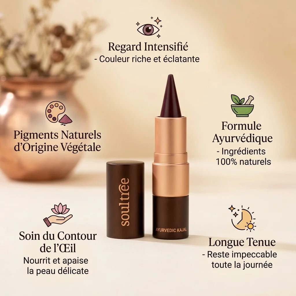 Kajal Prune Cachemire 008 Soultree avec infographie des 5 bénéfices : regard intensifié, formule ayurvédique, pigments naturels