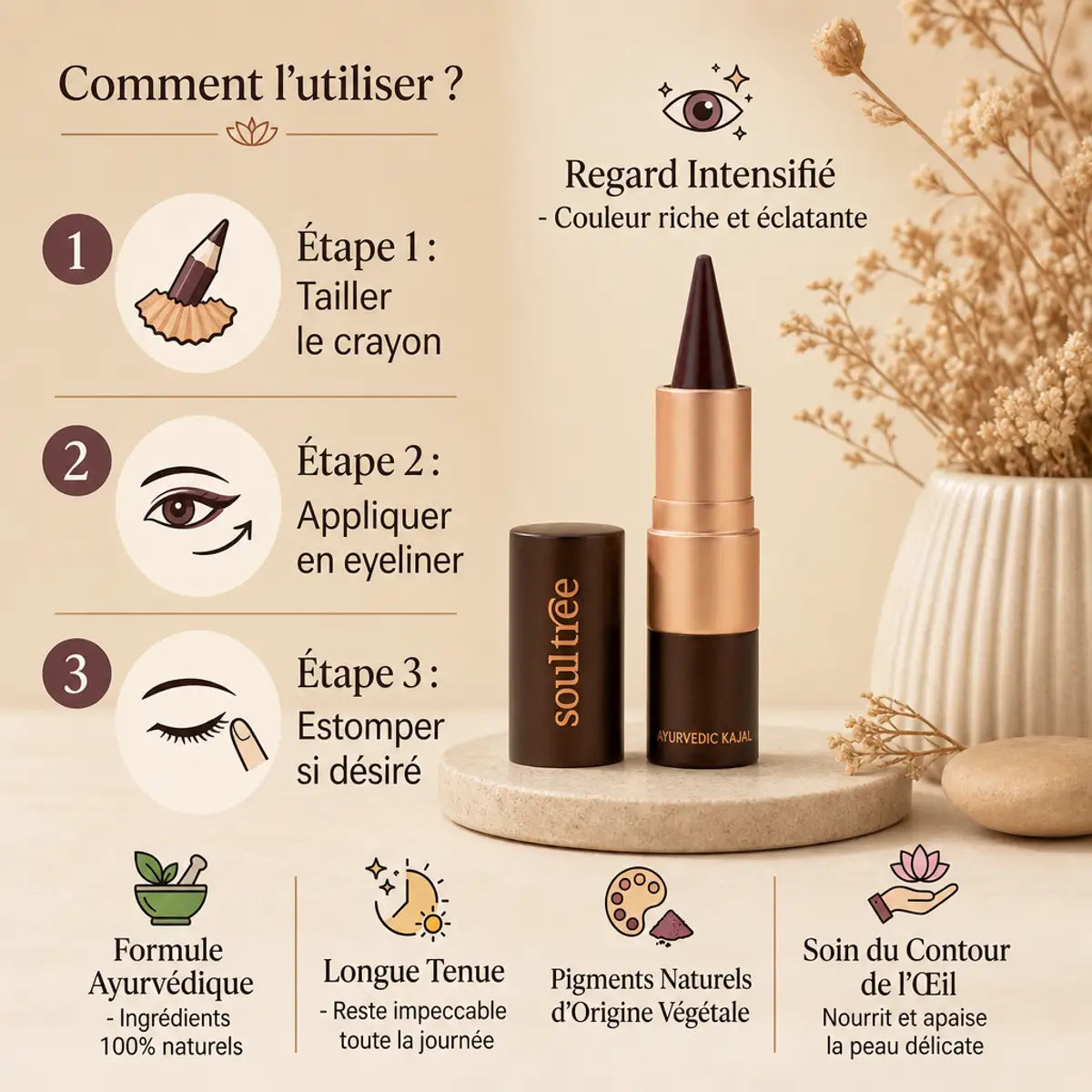 Kajal Soultree Prune Cachemire 008 avec guide d'application naturel et longue tenue