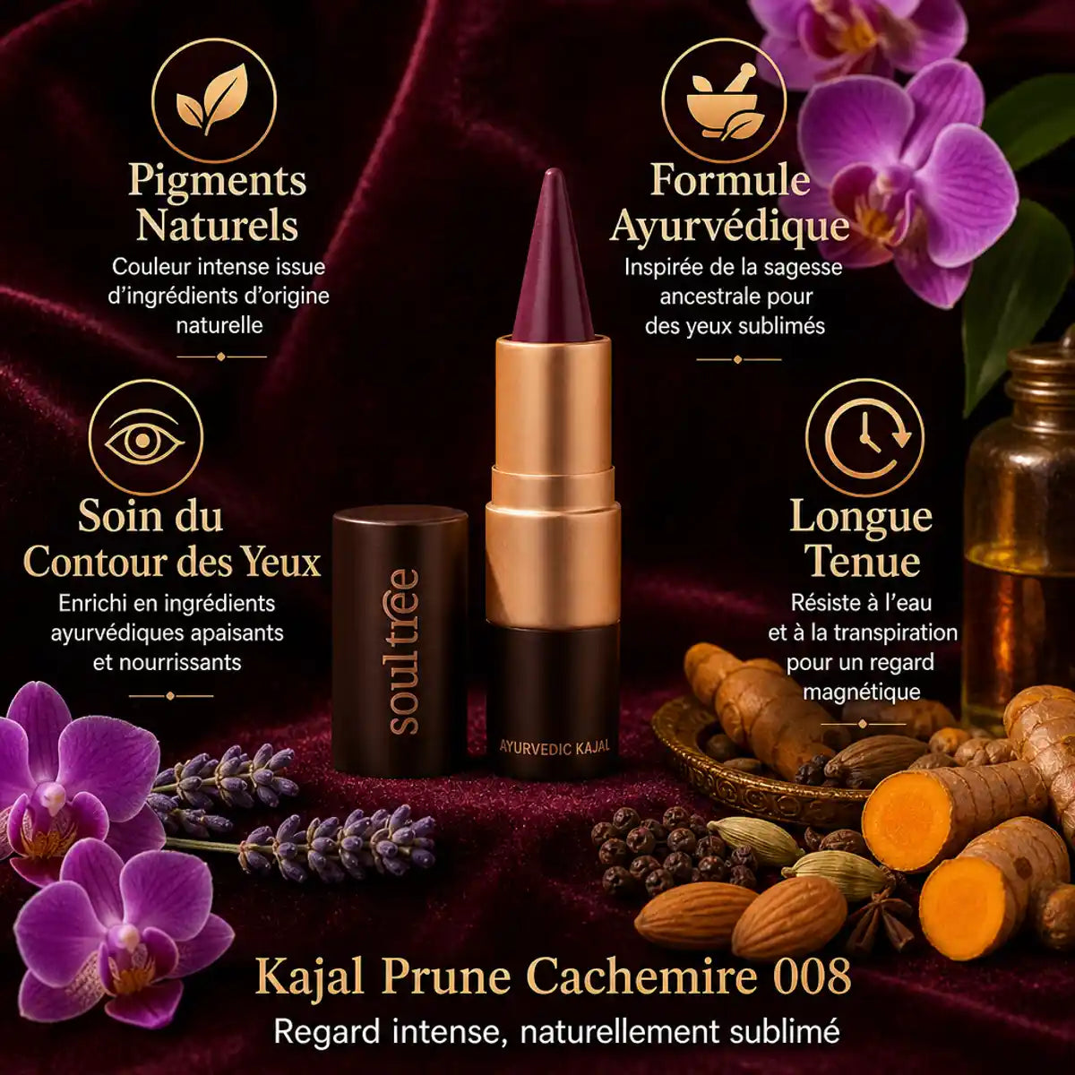 Kajal Prune Cachemire 008 Soultree avec ingrédients naturels et éléments botaniques ayurvédiques