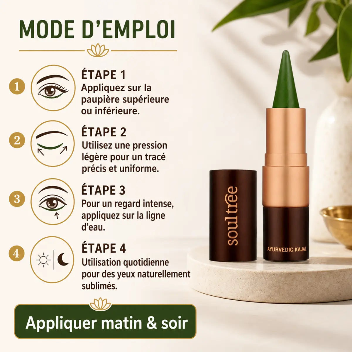 Kajal Vert Impérial 002 Soultree avec guide d'application en 4 étapes pour eyeliner ayurvédique