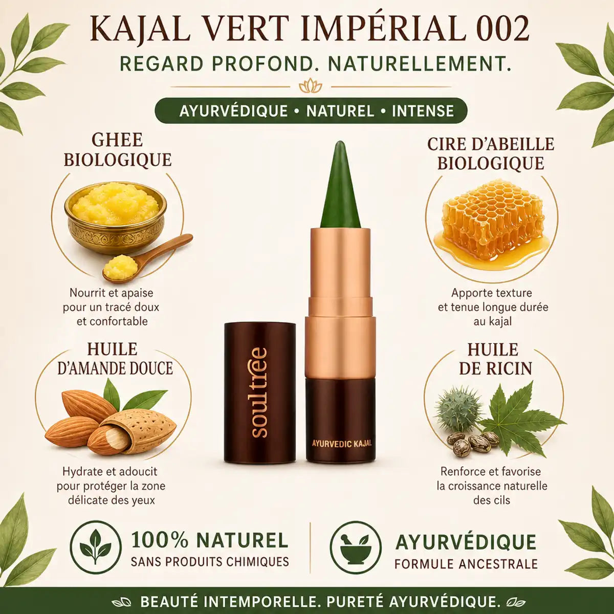 Kajal Vert Impérial 002 Soultree avec ingrédients naturels bio : ghee, cire d'abeille, huiles d'amande et ricin