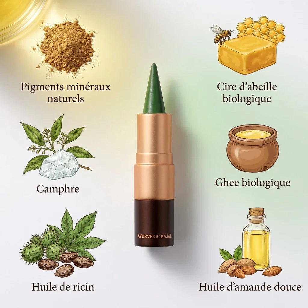 Kajal Vert Tulsi 001 Soultree avec ingrédients biologiques : cire d'abeille, ghee, huile d'amande douce