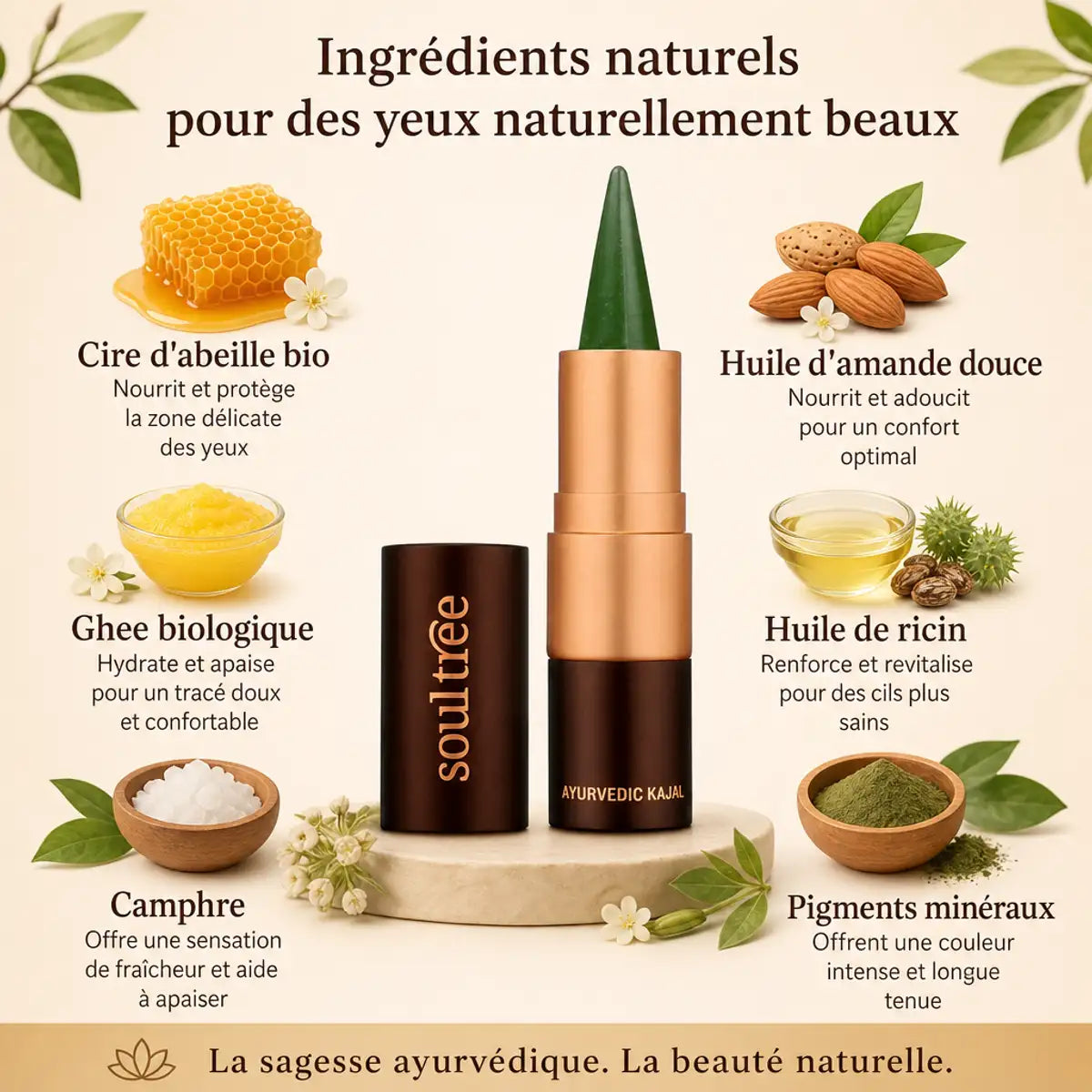 Kajal vert Tulsi 001 Soultree avec ingrédients naturels bio : cire d'abeille, ghee, amande