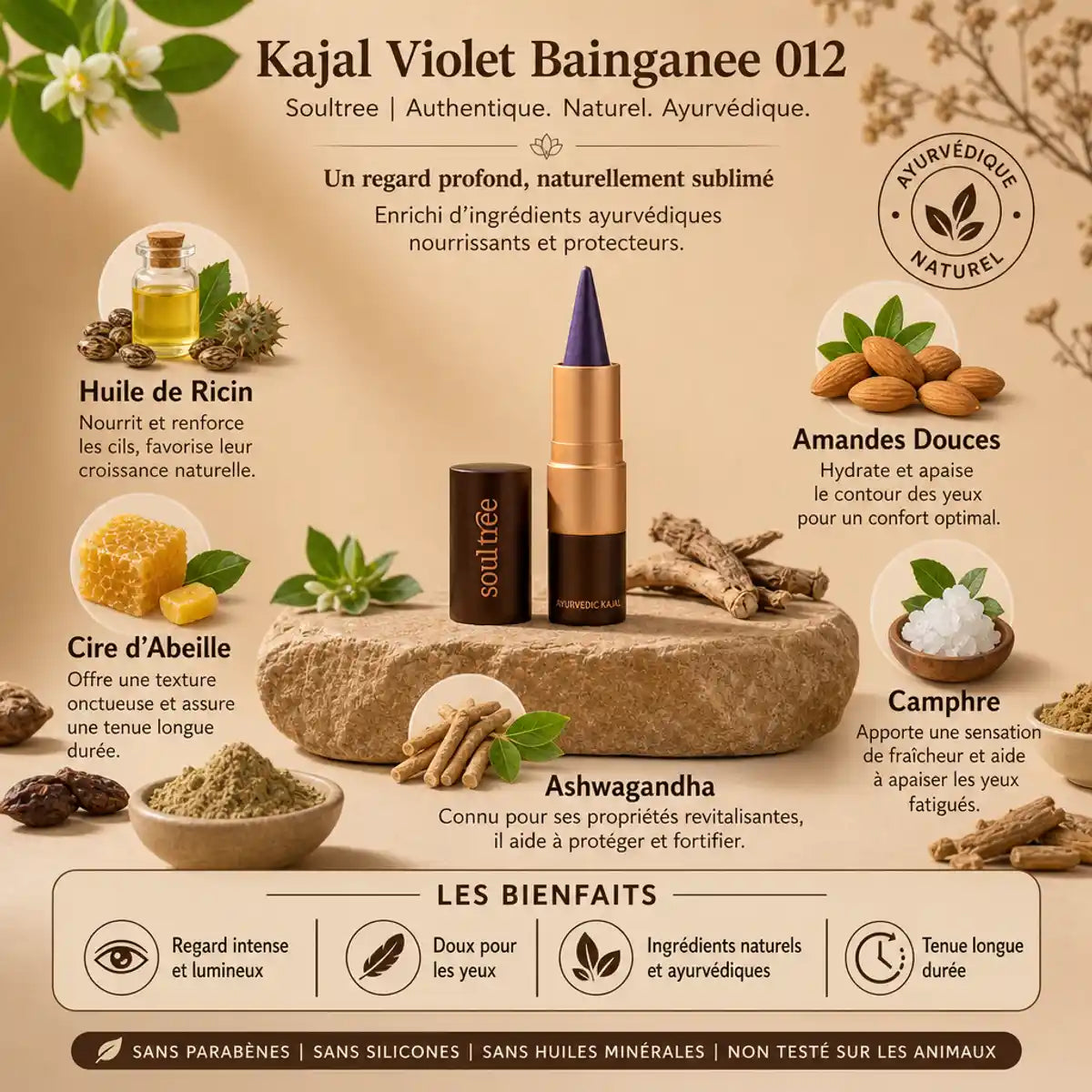 Kajal Violet Bainganee 012 Soultree avec ingrédients naturels et étiquettes françaises