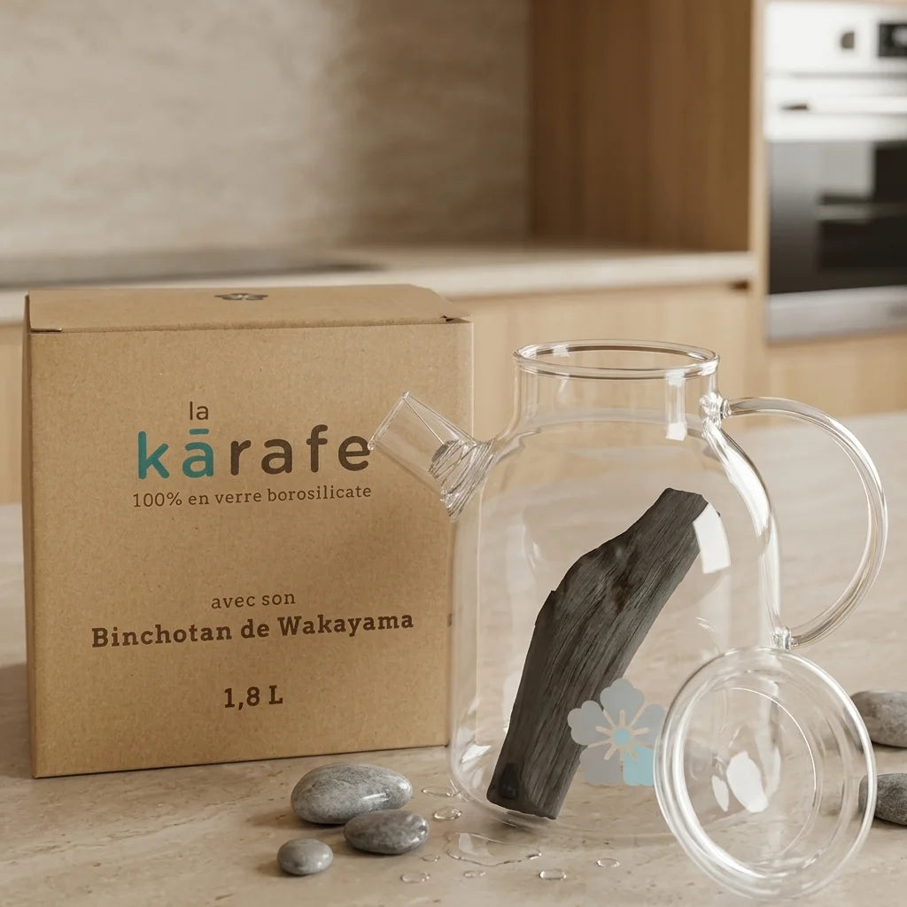 Carafe filtrante Kyuké 1.8L avec bâton charbon actif binchotan sur comptoir cuisine