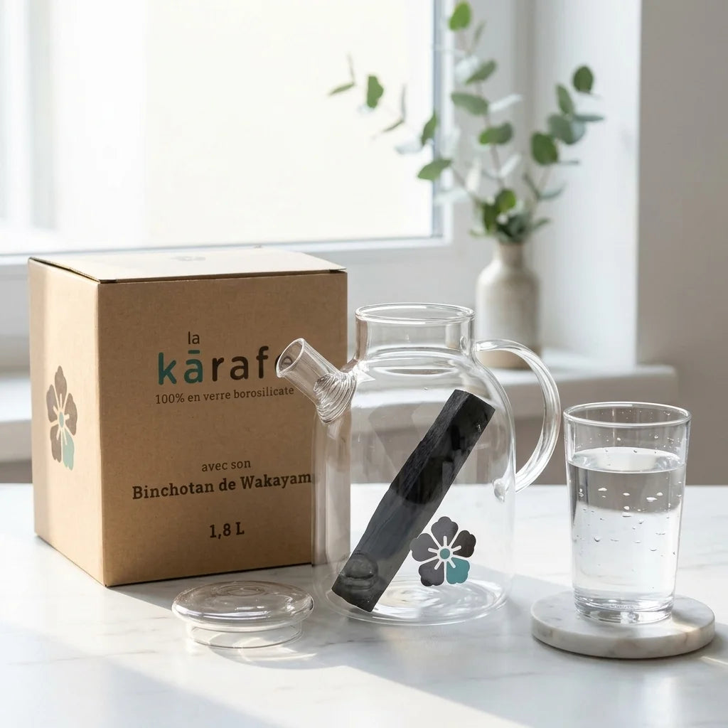 Carafe filtrante Kyuké 1.8L avec bâton charbon binchotan sur marbre blanc