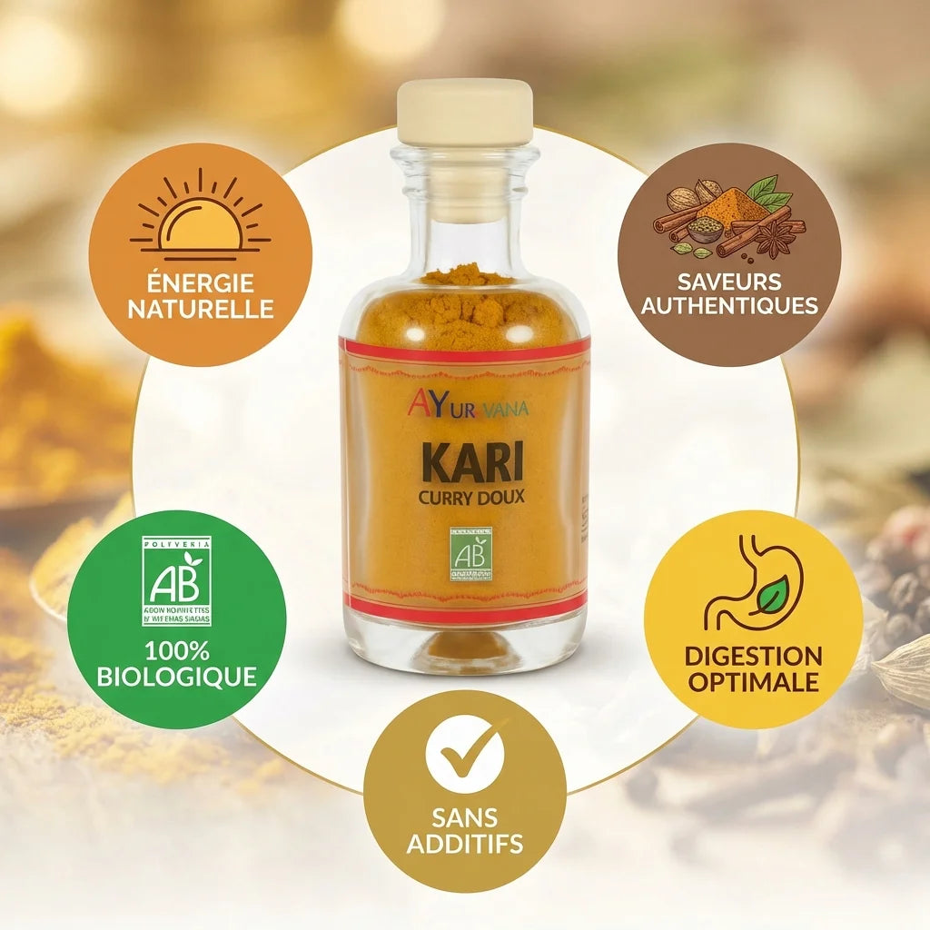 Kari Bio curry doux AyurVana 50g flacon verre avec bénéfices bio, digestif et saveurs authentiques
