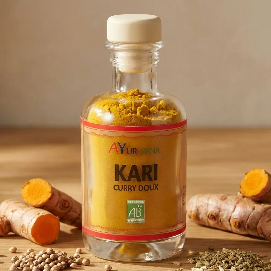 Kari Bio curry doux AyurVana 50g en flacon verre avec ingrédients biologiques frais