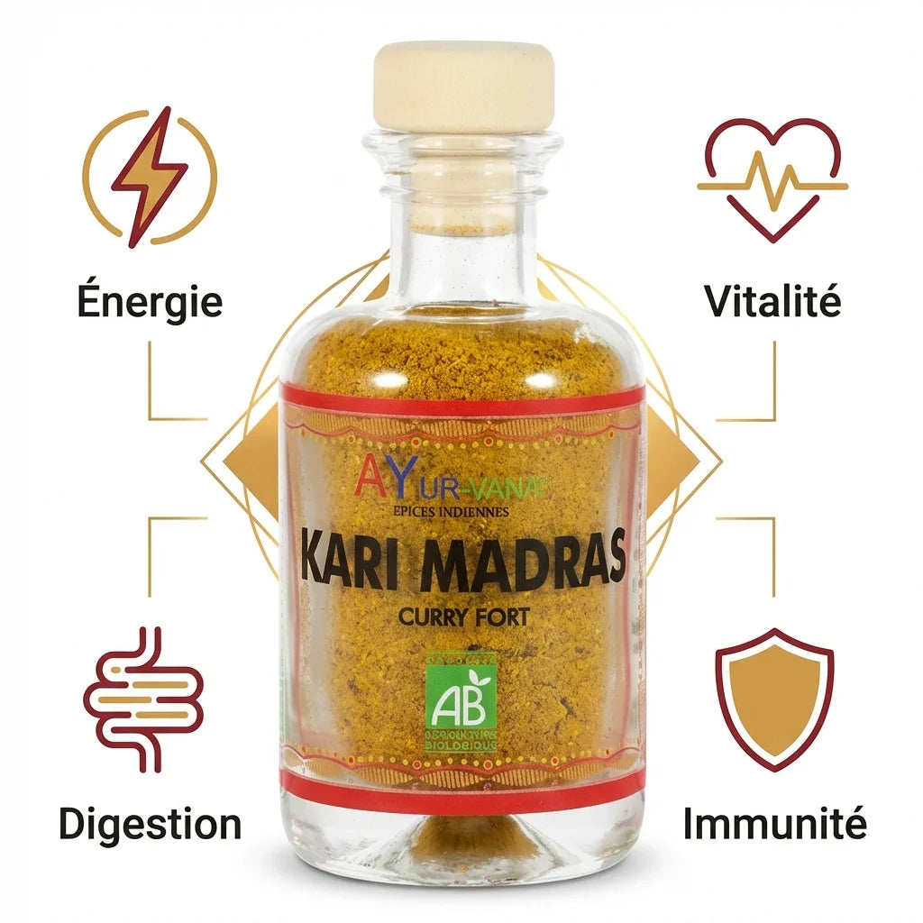 Kari Madras Bio 50g AyurVana - Flacon épices avec bénéfices santé : énergie, vitalité, digestion, immunité