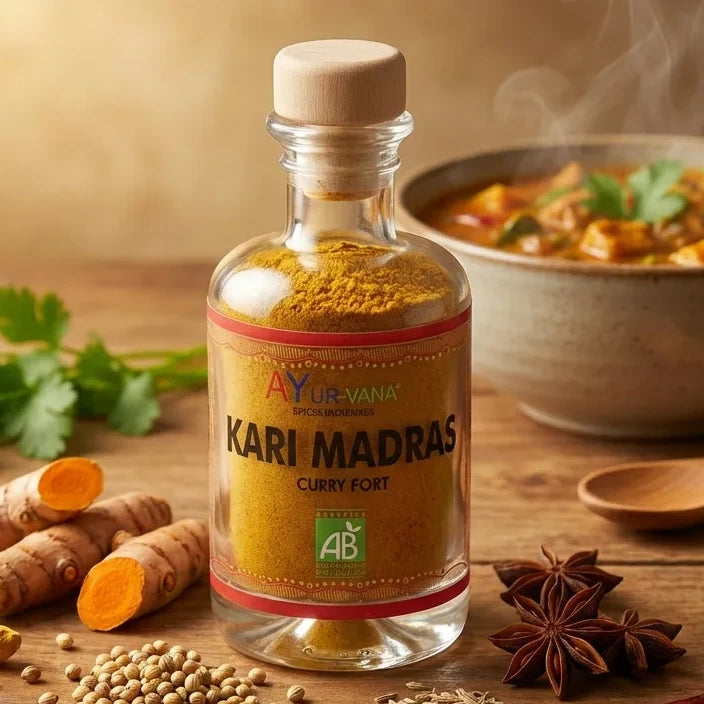 Kari Madras Bio AyurVana 50g avec épices indiennes fraîches sur bois rustique