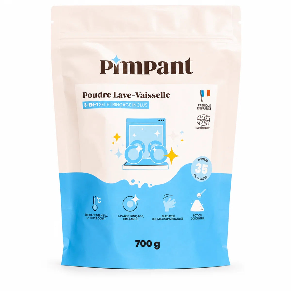 Poudre lave-vaisselle 3-en-1 Pimpant 700g, sachet stand-up beige et bleu