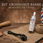 Un kit beard roller + huile de croissance barbe, mis en scène