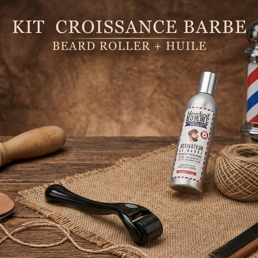 Un kit beard roller + huile de croissance barbe, mis en scène