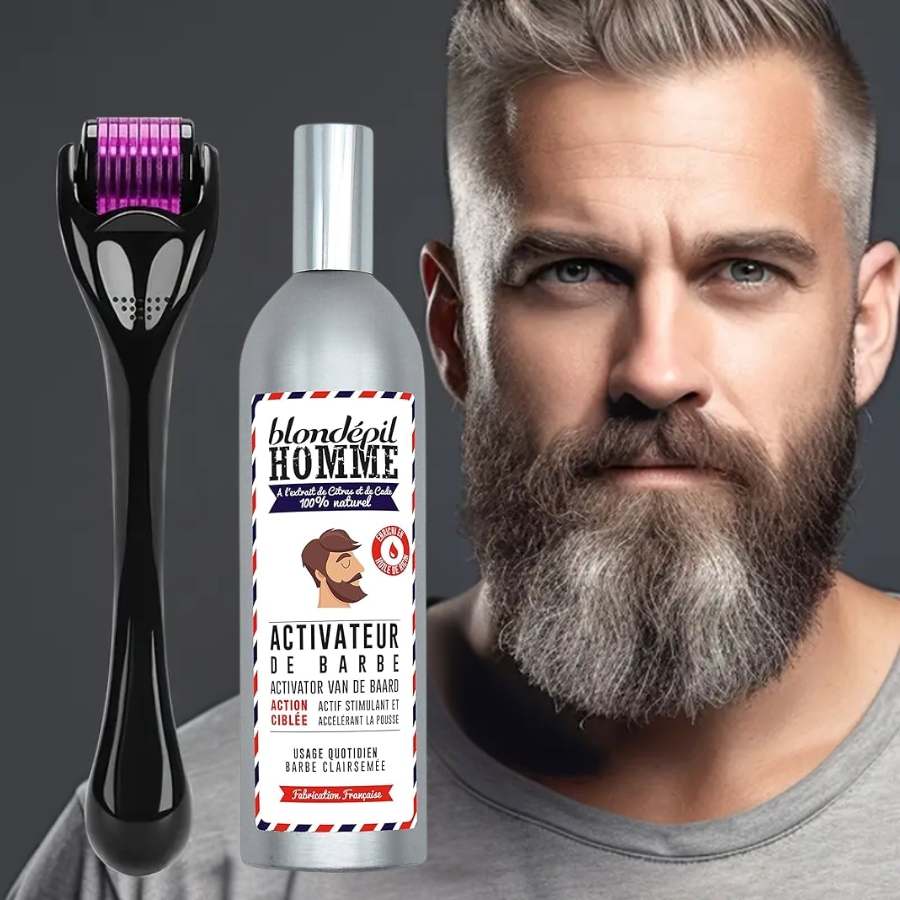 Un kit de croissance barbe avec un homme barbu en arrière plan