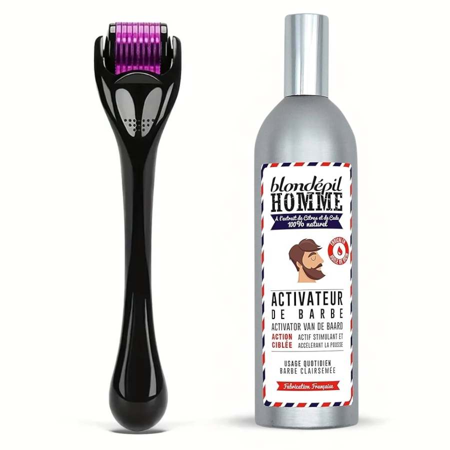Le beard roller et le flacon d'huile de barbe qui composent le kit de croissance barbe homme