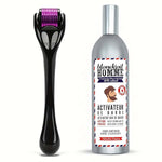 Le beard roller et le flacon d'huile de barbe qui composent le kit de croissance barbe homme