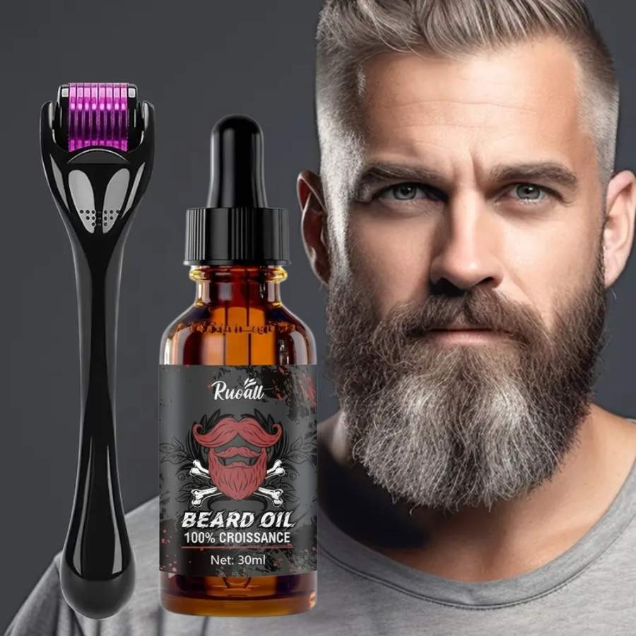 Une photo d'un homme posant à côté d'un kit avec un Beard Roller et une huile de Ricin de 30 ml