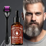 Une photo d'un homme posant à côté d'un kit avec un Beard Roller et une huile de Ricin de 30 ml