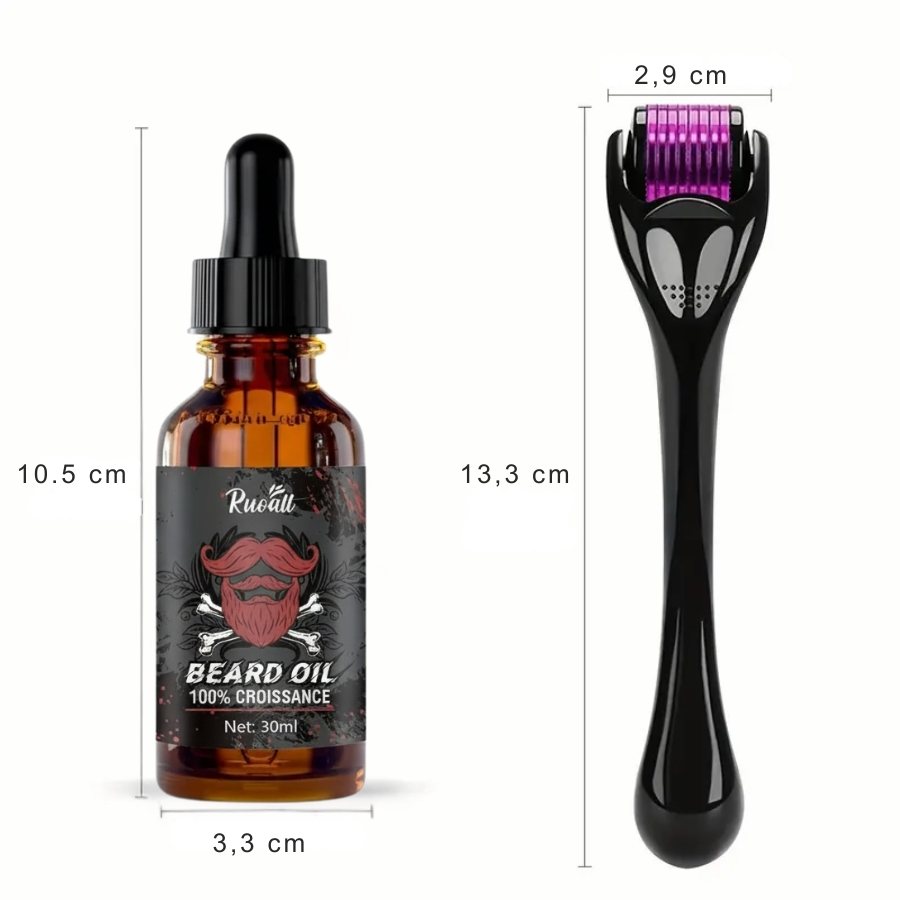 Les dimensions du Beard Roller et du flacon d'Huile de croissance pour Barbe de 30 ml Sans Alcool