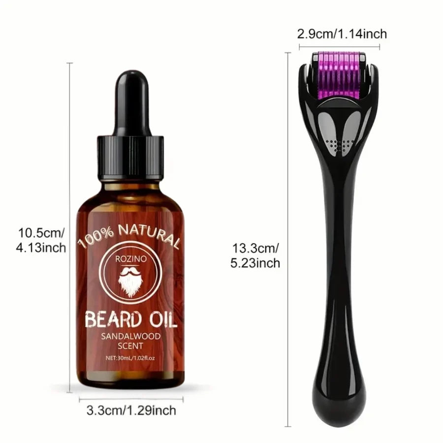 Les dimensions des articles contenus dans le kit comprenant un Beard Roller et une huile de Ricin de 30 ml