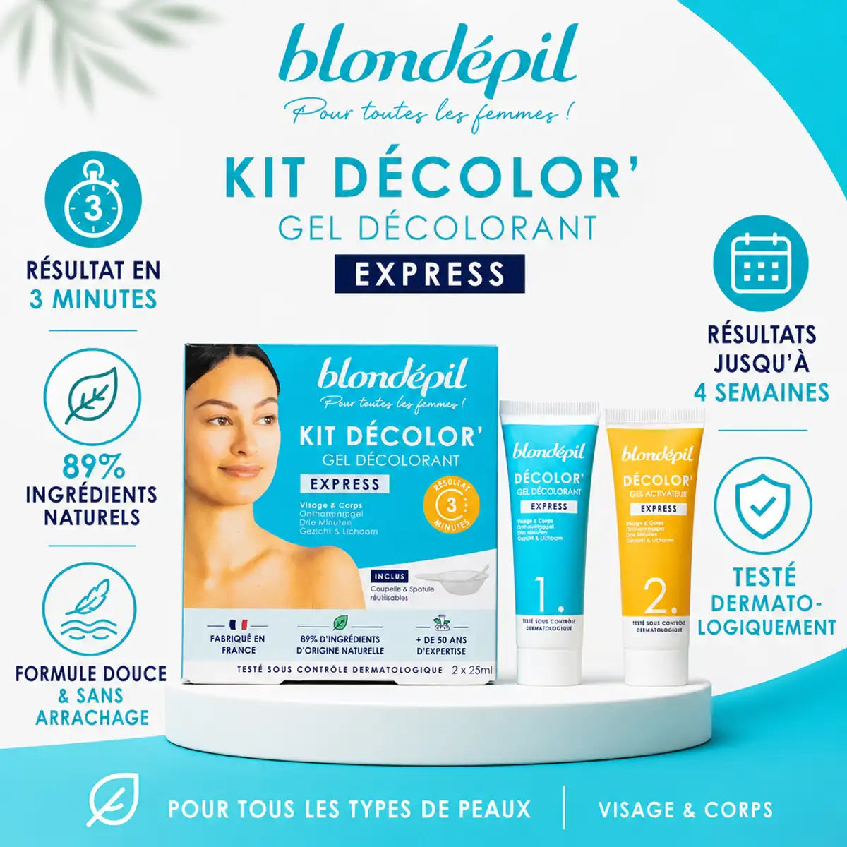 Kit Décolor Express Blondépil 2x25ml avec infographie bénéfices produit et résultats décoloration