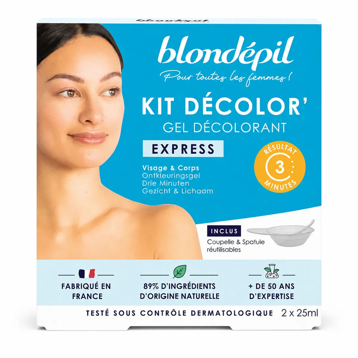 Kit Décolor Express Blondépil - gel décolorant visage et corps 2x25ml avec boîte bleue