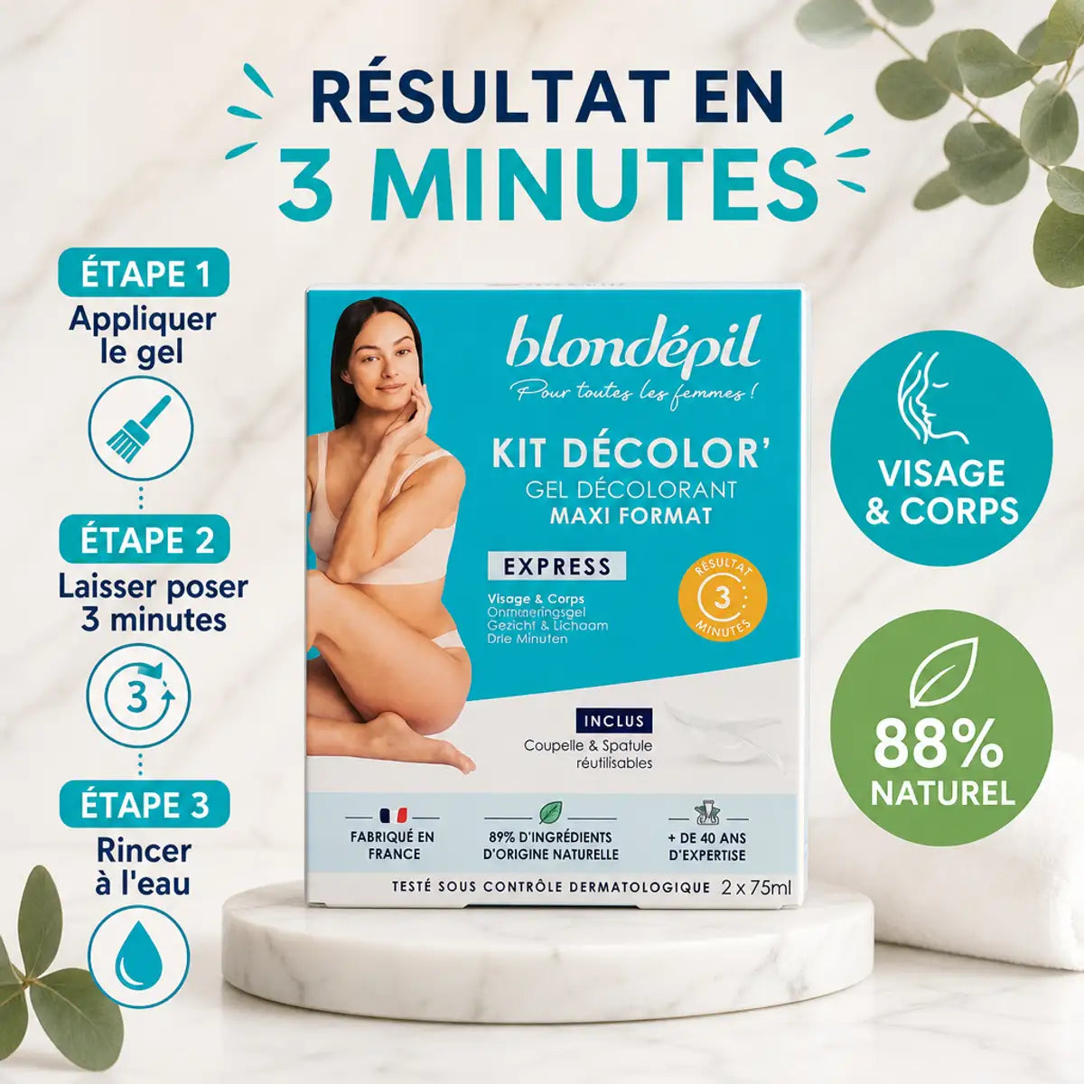 Kit Décolor Express Blondépil 2x75ml avec étapes application visage corps résultat 3 minutes