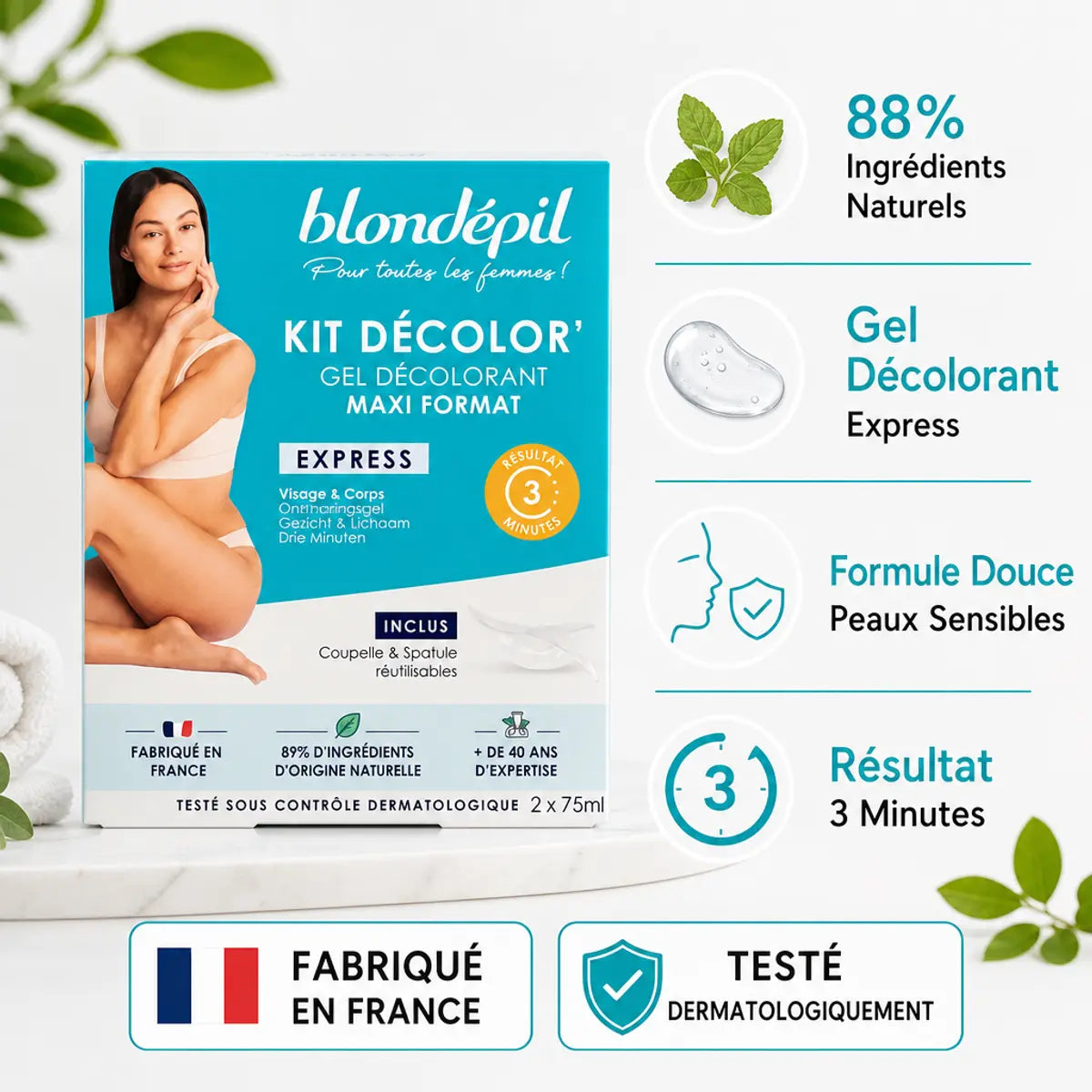 Kit Décolor express Blondépil 2x75ml gel décolorant visage et corps formule douce