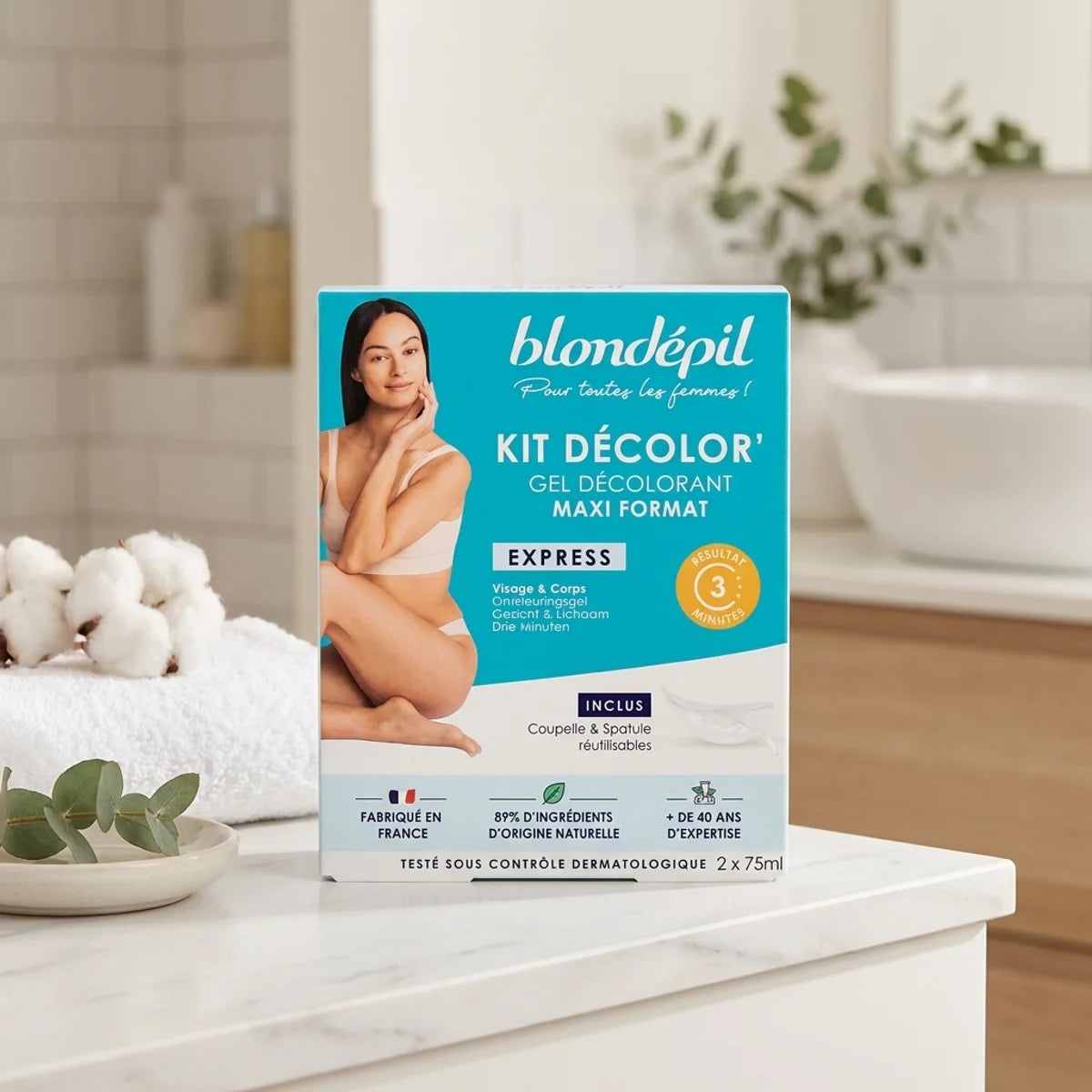 Kit Décolor Express Blondépil gel décolorant 2x75ml sur vanité salle de bain