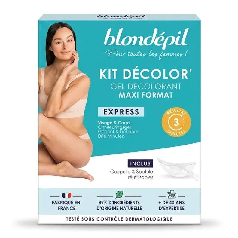 Kit Décolor Express Blondépil gel décolorant 2x75ml boîte turquoise et blanche