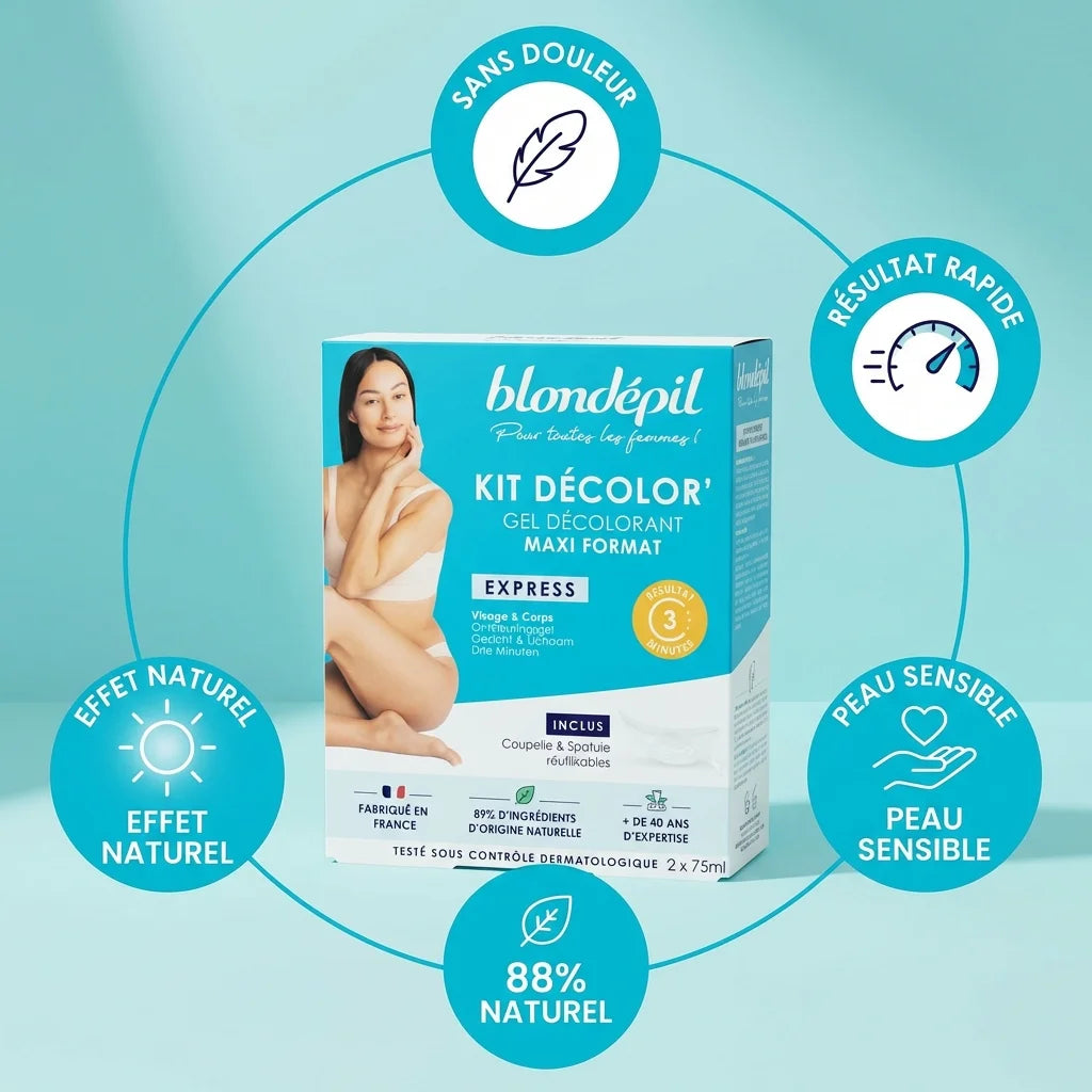 Kit Blondépil Décolor Express gel décolorant visage et corps avec ses bénéfices principaux illustrés