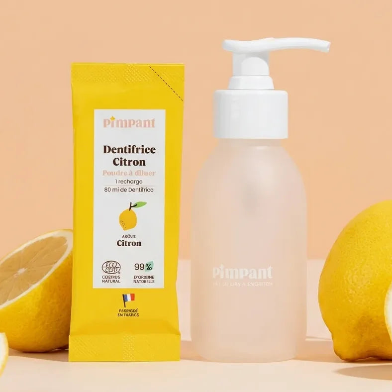 Kit Découverte Dentifrice Citron Pimpant avec flacon pompe jaune et citrons frais