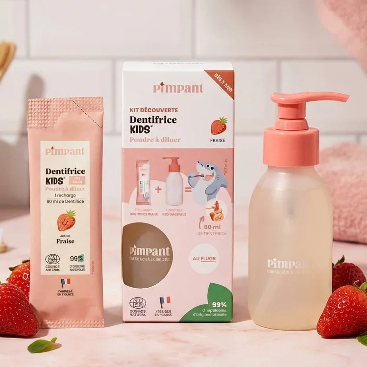 Kit Découverte Dentifrice Kids Fraise Pimpant avec flacon réutilisable, pompe et recharge