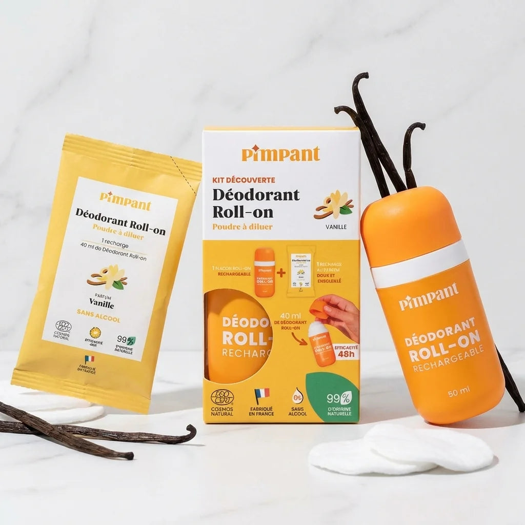 Kit Découverte Déodorant Roll-on Vanille Pimpant avec poudre jaune et bouteille réutilisable