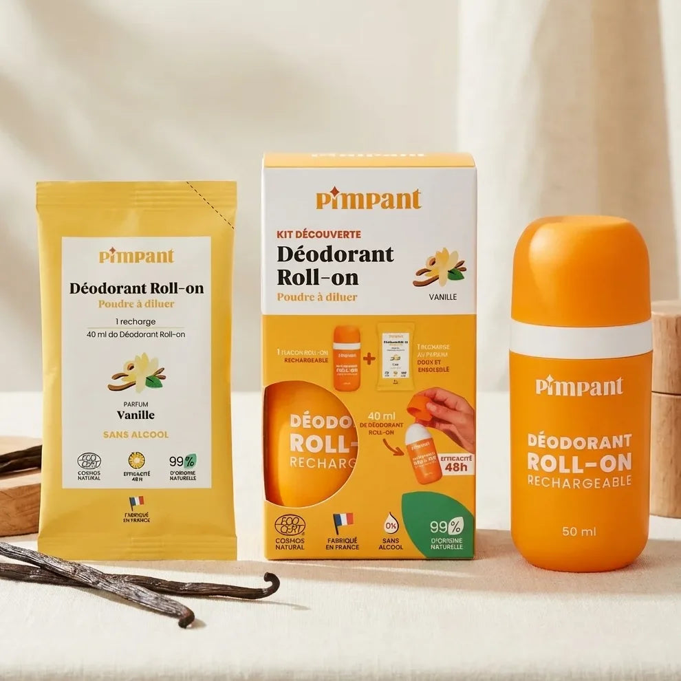 Kit Découverte Déodorant Roll-on Vanille Pimpant avec packaging jaune et flacon rechargeable orange