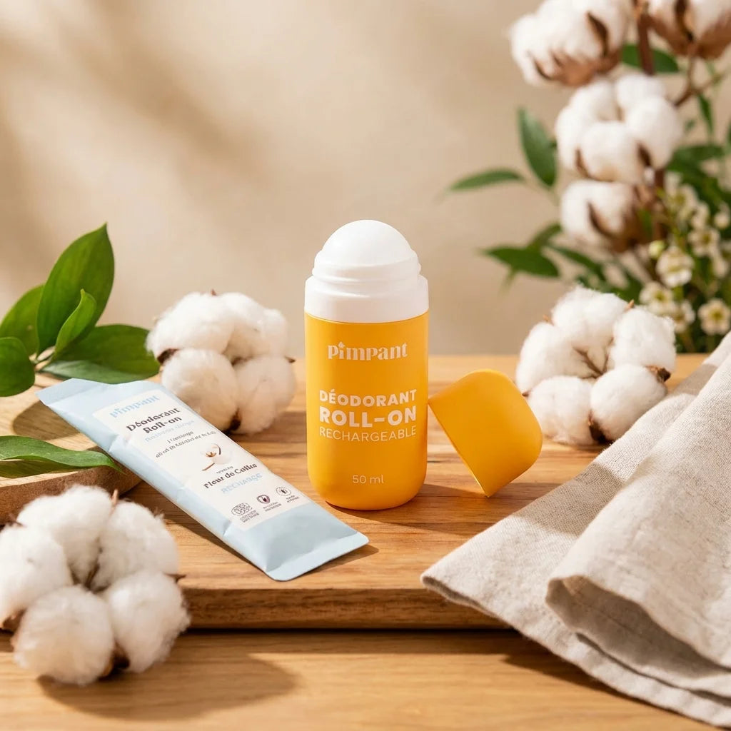 Déodorant Roll-on Pimpant Fleur de Coton avec fleurs de coton fraîches sur surface bois