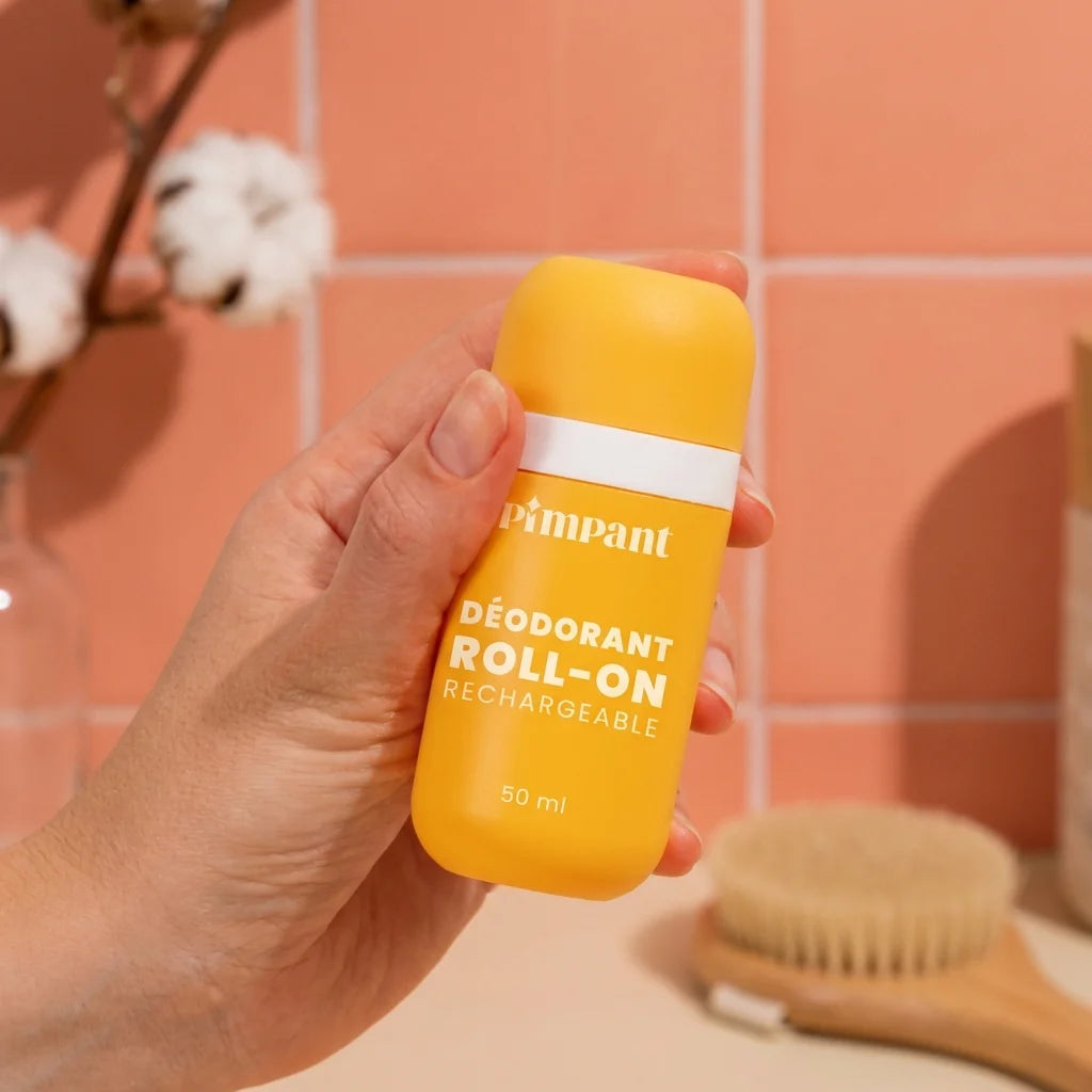 Déodorant Roll-on Fleur de Coton Pimpant en packaging jaune, rituel beauté naturelle