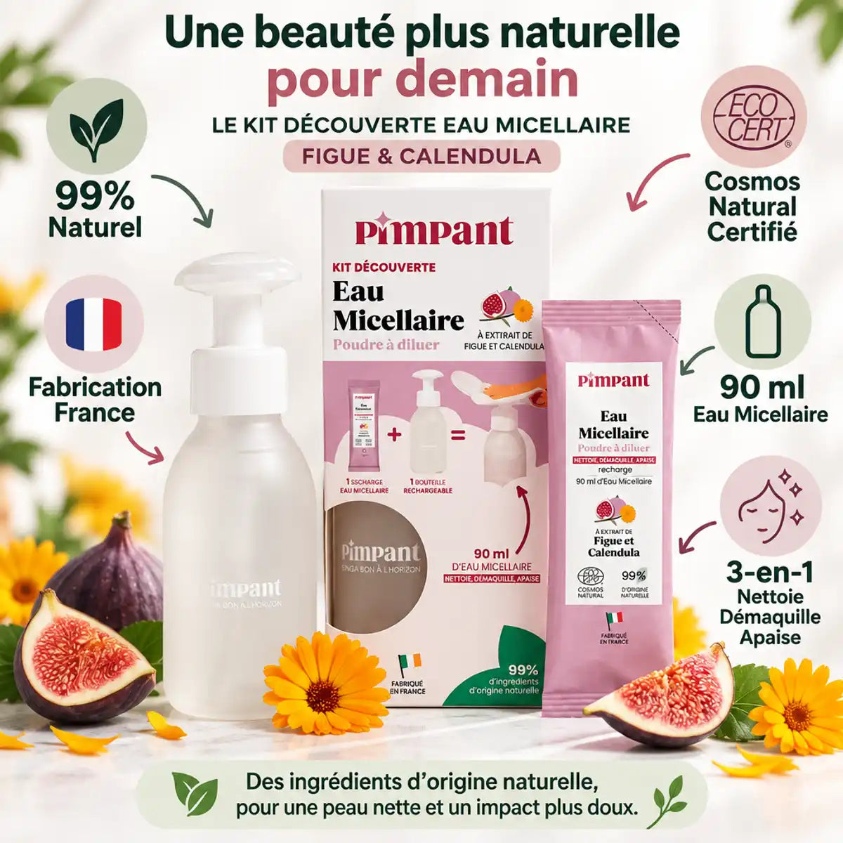 Kit découverte Figue & Calendula Pimpant avec eau micellaire 90ml et recharge, 99% naturel certifié