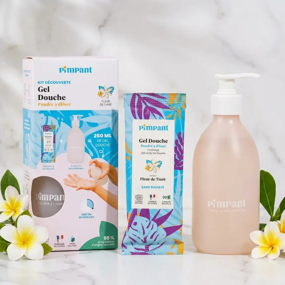 Kit découverte gel douche Pimpant Fleur de Tiaré avec bouteille et stick refill sur marbre blanc