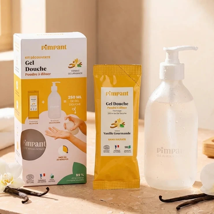 Kit découverte gel douche poudre Pimpant Vanille Gourmande avec bouteille et recharge
