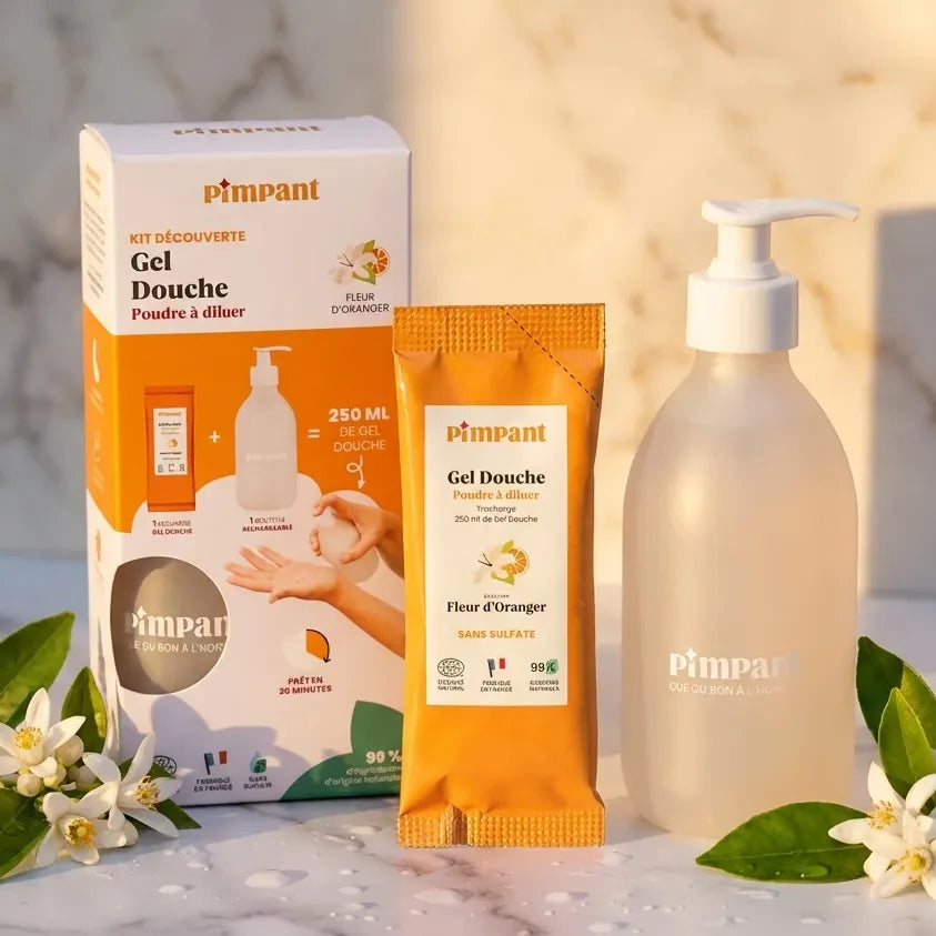 Kit découverte gel douche poudre Pimpant fleur d'oranger avec bouteille et recharge