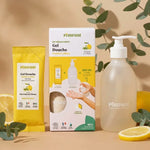 Kit Découverte Gel Douche Pimpant Verveine Citron avec bouteille et recharge sur fond beige