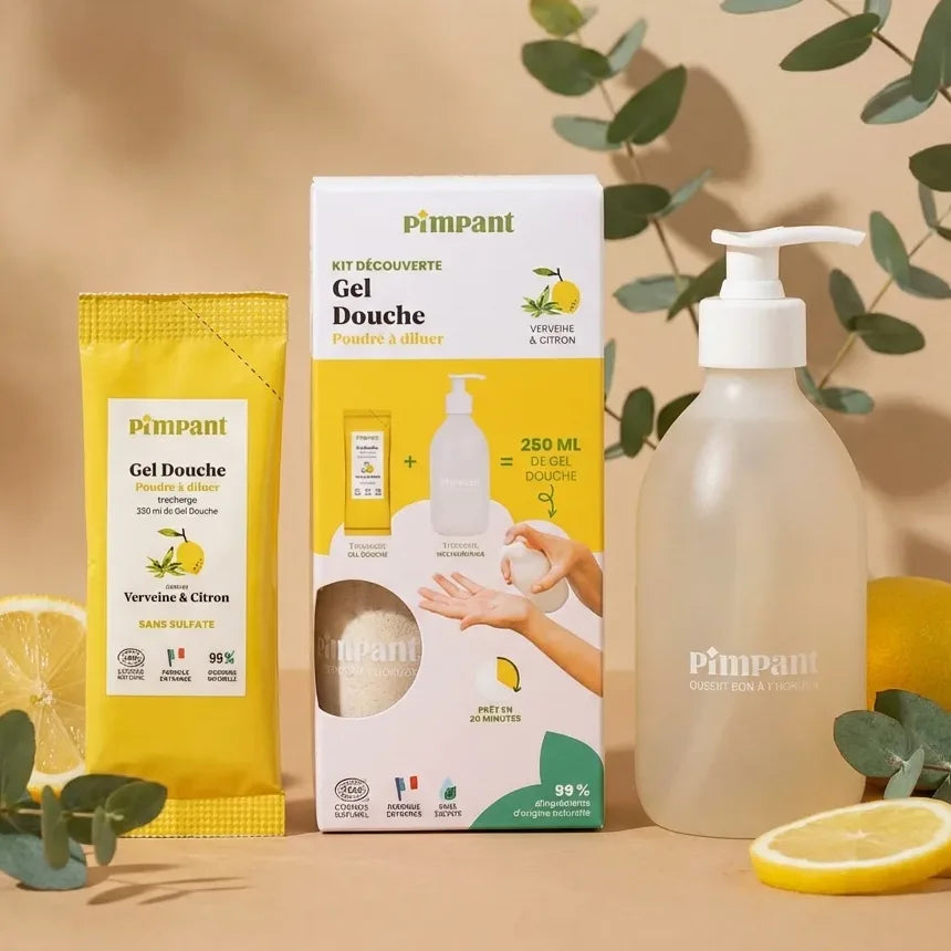 Kit Découverte Gel Douche Pimpant Verveine Citron avec bouteille et recharge sur fond beige