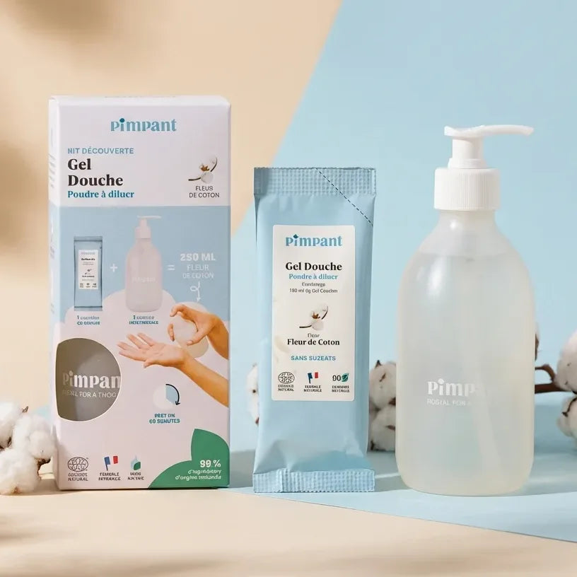 Kit découverte gel douche poudre Fleur de Coton Pimpant avec bouteille et recharge