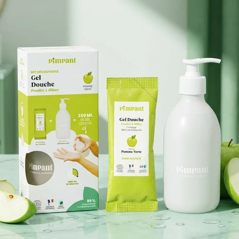 Kit Découverte Gel Douche Poudre Pomme Verte Pimpant avec bouteille et recharge